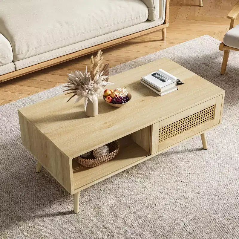 Table basse moderne avec rangement, table centrale rectangulaire en rotin avec porte coulissante, table basse d'appoint en bois pour salon, chambre à coucher, bureau