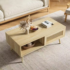 Table basse moderne avec rangement, table centrale rectangulaire en rotin avec porte coulissante, table basse d'appoint en bois pour salon, chambre à coucher, bureau