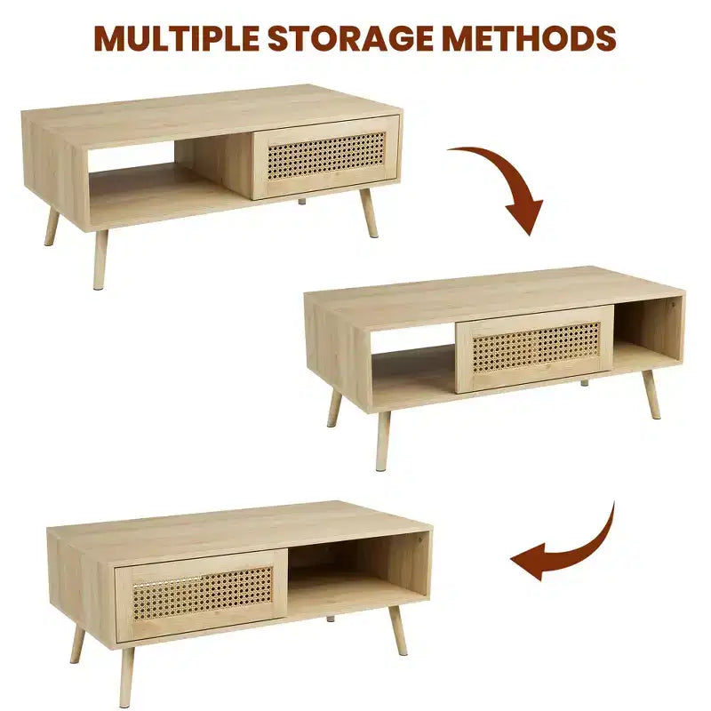 Table basse moderne avec rangement, table centrale rectangulaire en rotin avec porte coulissante, table basse d'appoint en bois pour salon, chambre à coucher, bureau