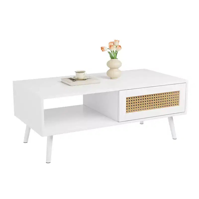 Table basse moderne avec rangement, table centrale rectangulaire en rotin avec porte coulissante, table basse d'appoint en bois pour salon, chambre à coucher, bureau