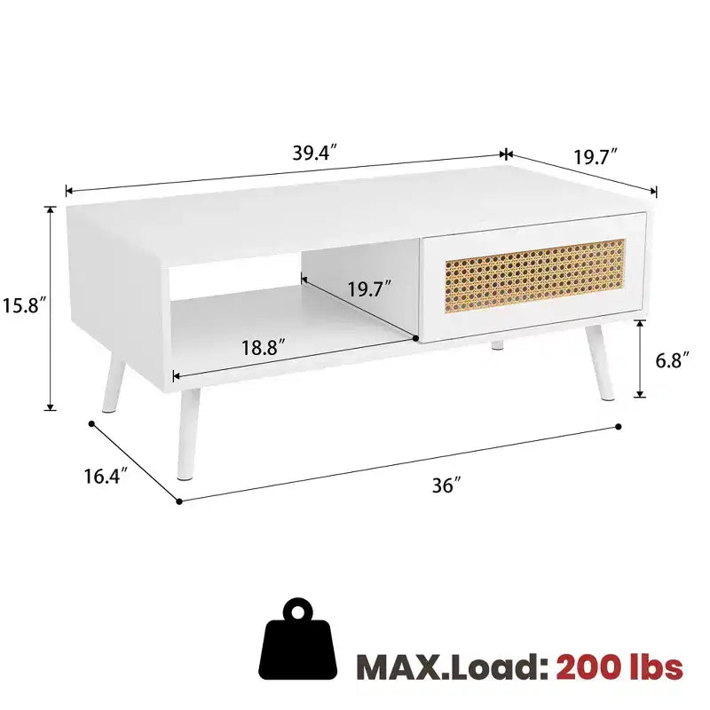 Table basse moderne avec rangement, table centrale rectangulaire en rotin avec porte coulissante, table basse d'appoint en bois pour salon, chambre à coucher, bureau
