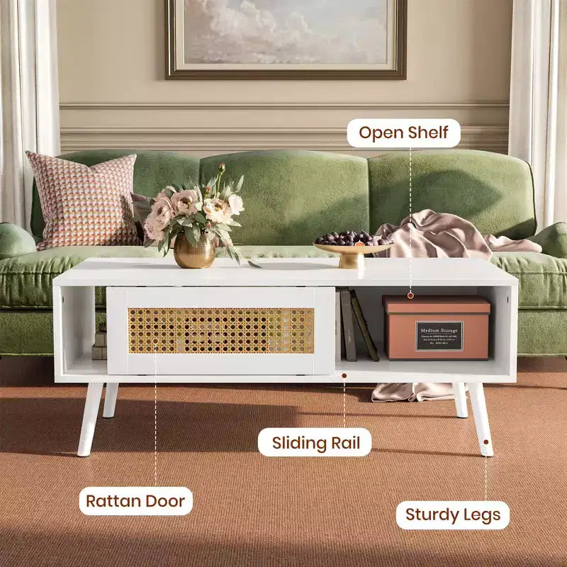 Table basse moderne avec rangement, table centrale rectangulaire en rotin avec porte coulissante, table basse d'appoint en bois pour salon, chambre à coucher, bureau
