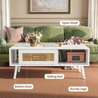 Table basse moderne avec rangement, table centrale rectangulaire en rotin avec porte coulissante, table basse d'appoint en bois pour salon, chambre à coucher, bureau