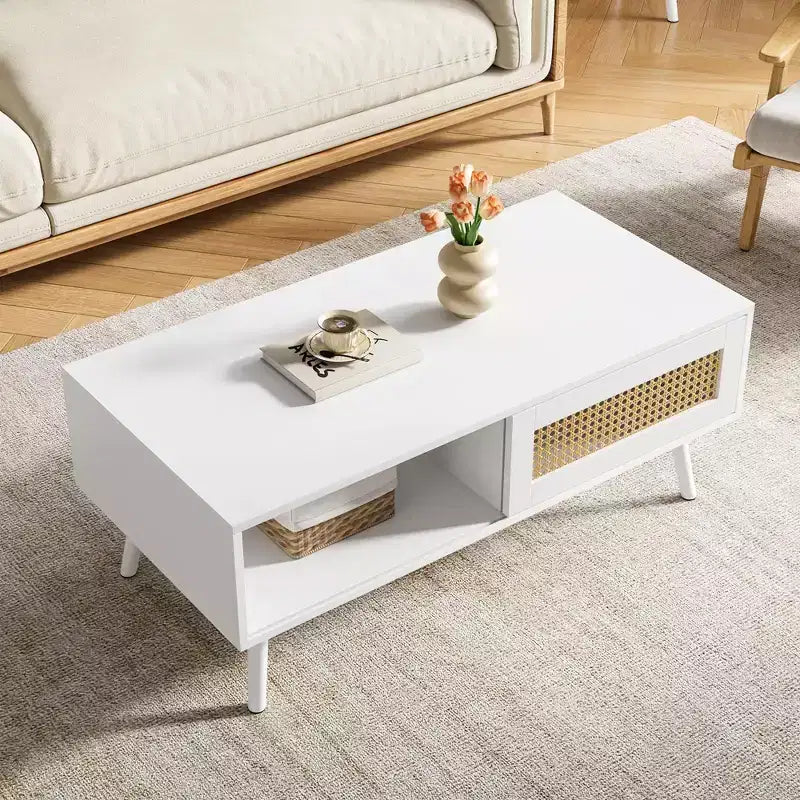 Table basse moderne avec rangement, table centrale rectangulaire en rotin avec porte coulissante, table basse d'appoint en bois pour salon, chambre à coucher, bureau