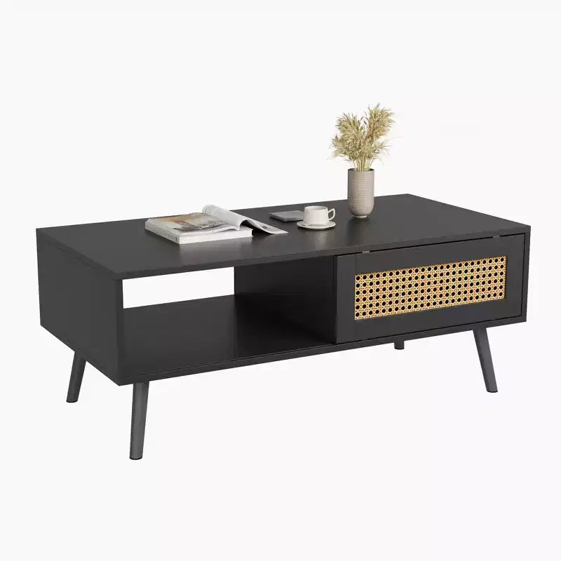 Table basse moderne avec rangement, table centrale rectangulaire en rotin avec porte coulissante, table basse d'appoint en bois pour salon, chambre à coucher, bureau