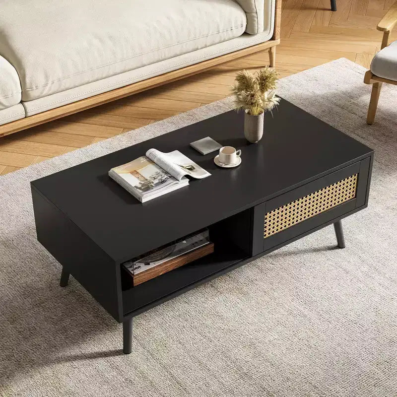 Table basse moderne avec rangement, table centrale rectangulaire en rotin avec porte coulissante, table basse d'appoint en bois pour salon, chambre à coucher, bureau