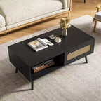 Table basse moderne avec rangement, table centrale rectangulaire en rotin avec porte coulissante, table basse d'appoint en bois pour salon, chambre à coucher, bureau