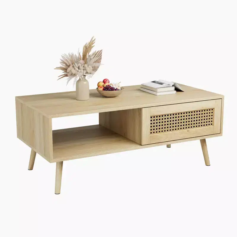 Table basse moderne avec rangement, table centrale rectangulaire en rotin avec porte coulissante, table basse d'appoint en bois pour salon, chambre à coucher, bureau