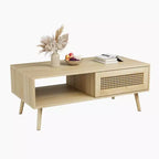 Table basse moderne avec rangement, table centrale rectangulaire en rotin avec porte coulissante, table basse d'appoint en bois pour salon, chambre à coucher, bureau