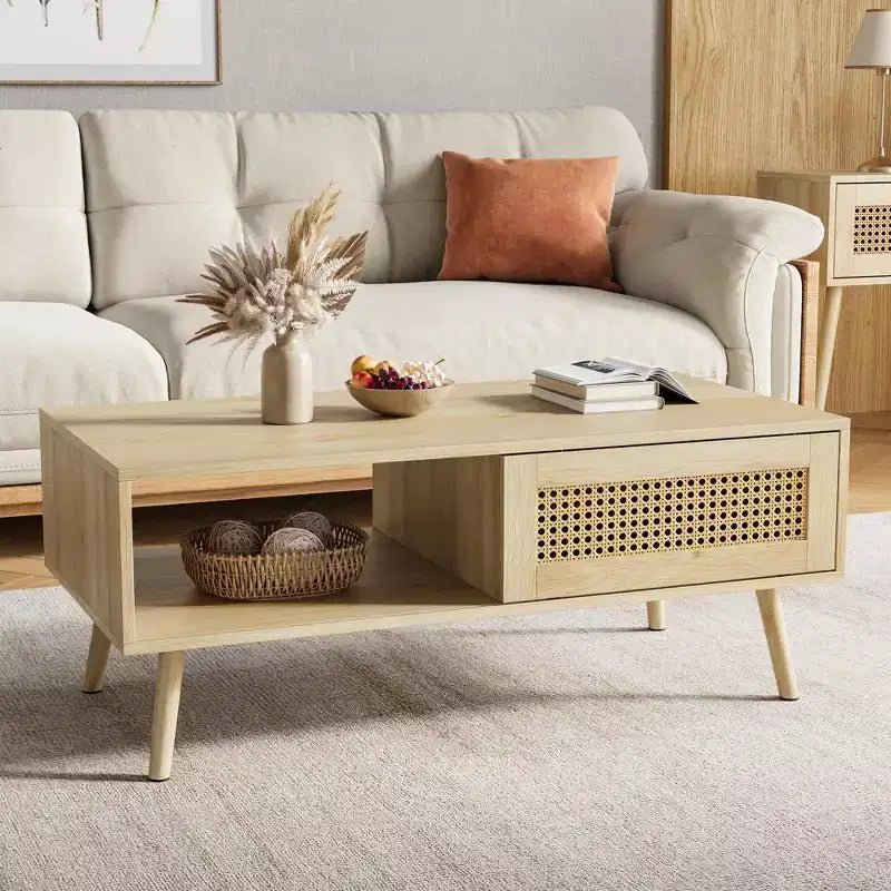 Table basse moderne avec rangement, table centrale rectangulaire en rotin avec porte coulissante, table basse d'appoint en bois pour salon, chambre à coucher, bureau