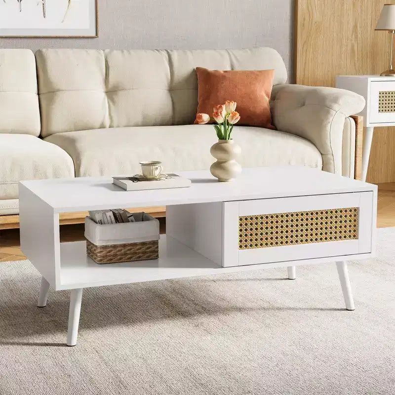 Table basse moderne avec rangement, table centrale rectangulaire en rotin avec porte coulissante, table basse d'appoint en bois pour salon, chambre à coucher, bureau