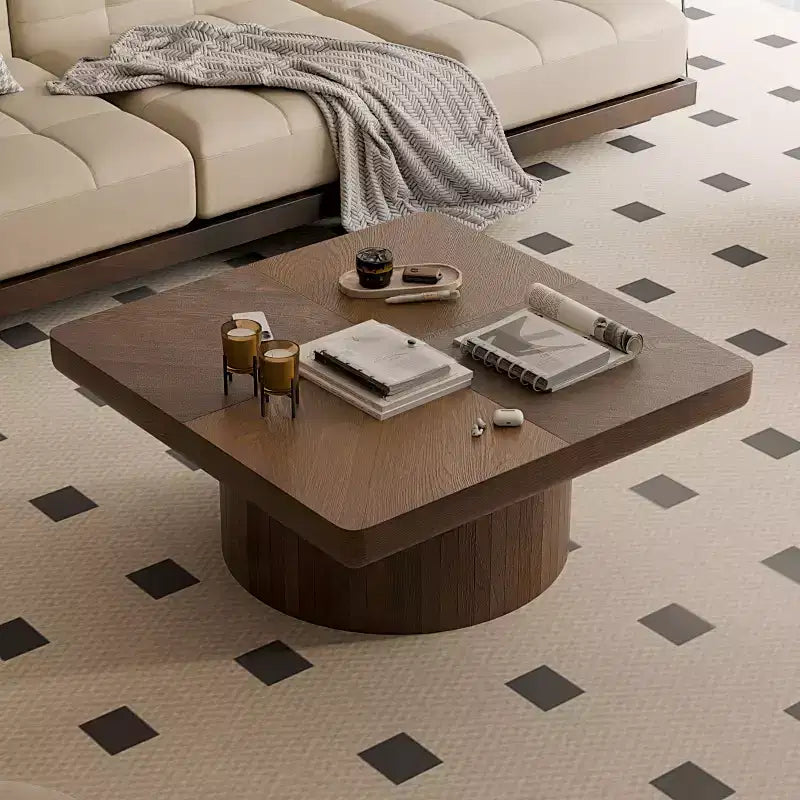 Table basse carrée pour salon, plateau en placage de bois à motif parquet, noyer