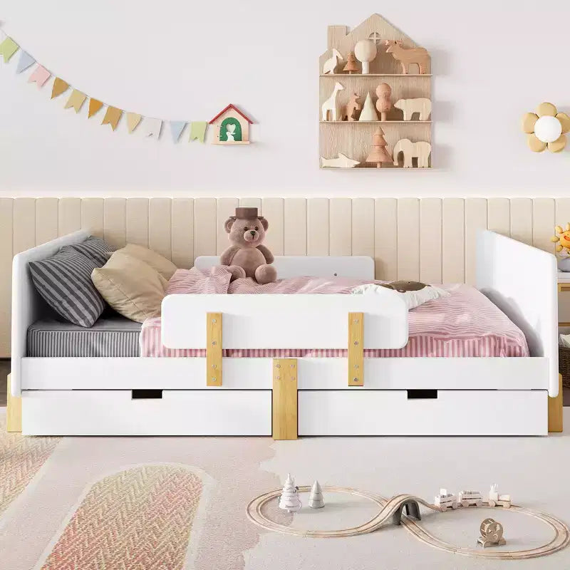 JVNOXK Lit Plateforme Grande Taille 150 cm avec Tiroirs de Rangement, Cadre de Lit en Bois Massif avec Barrière de Sécurité, Petite Étagère, Crochets, Pas Besoin de Sommier Tapissier, Blanc