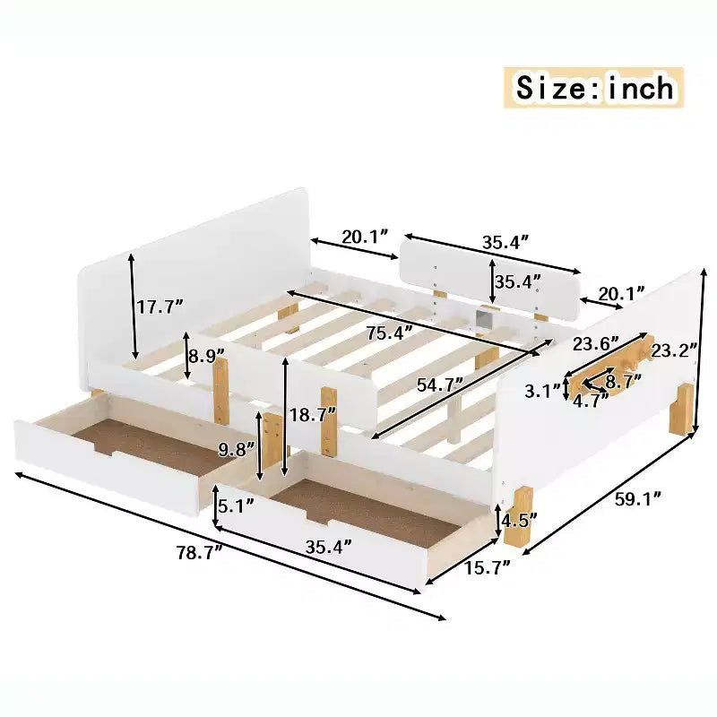 JVNOXK Lit Plateforme Grande Taille 150 cm avec Tiroirs de Rangement, Cadre de Lit en Bois Massif avec Barrière de Sécurité, Petite Étagère, Crochets, Pas Besoin de Sommier Tapissier, Blanc