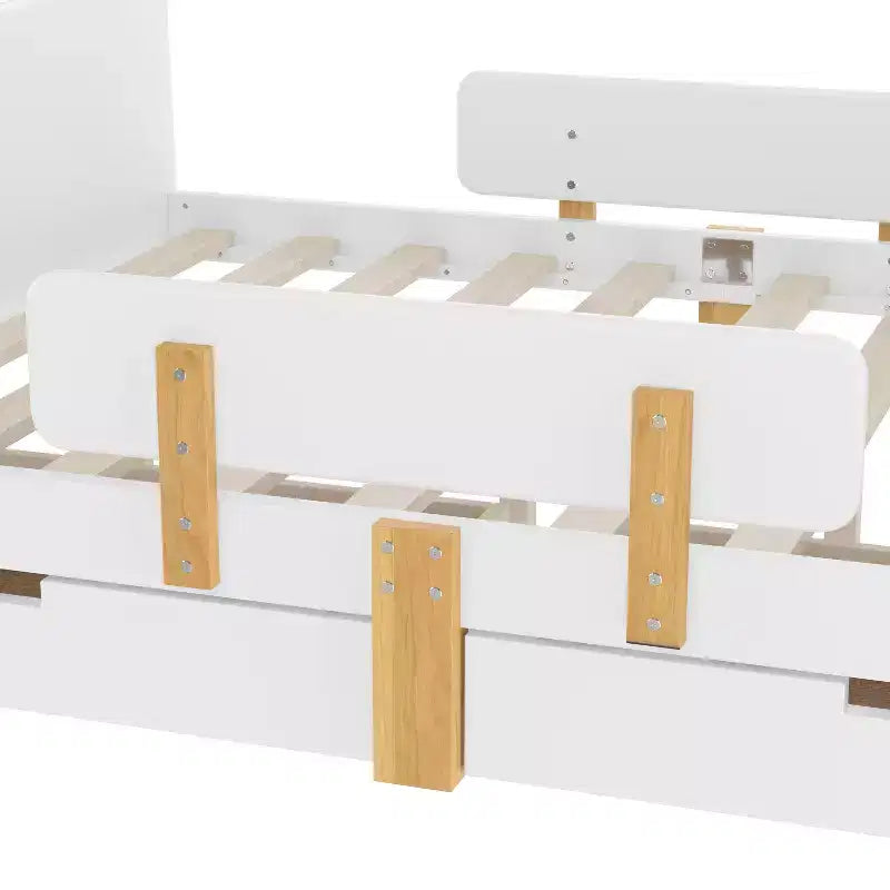 JVNOXK Lit Plateforme Grande Taille 150 cm avec Tiroirs de Rangement, Cadre de Lit en Bois Massif avec Barrière de Sécurité, Petite Étagère, Crochets, Pas Besoin de Sommier Tapissier, Blanc