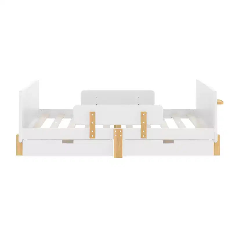 JVNOXK Lit Plateforme Grande Taille 150 cm avec Tiroirs de Rangement, Cadre de Lit en Bois Massif avec Barrière de Sécurité, Petite Étagère, Crochets, Pas Besoin de Sommier Tapissier, Blanc