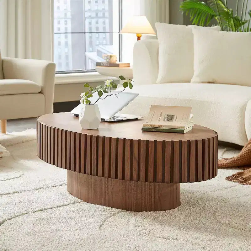 Table basse tambour ovale, table centrale moderne sur pied pour salon, Noyer
