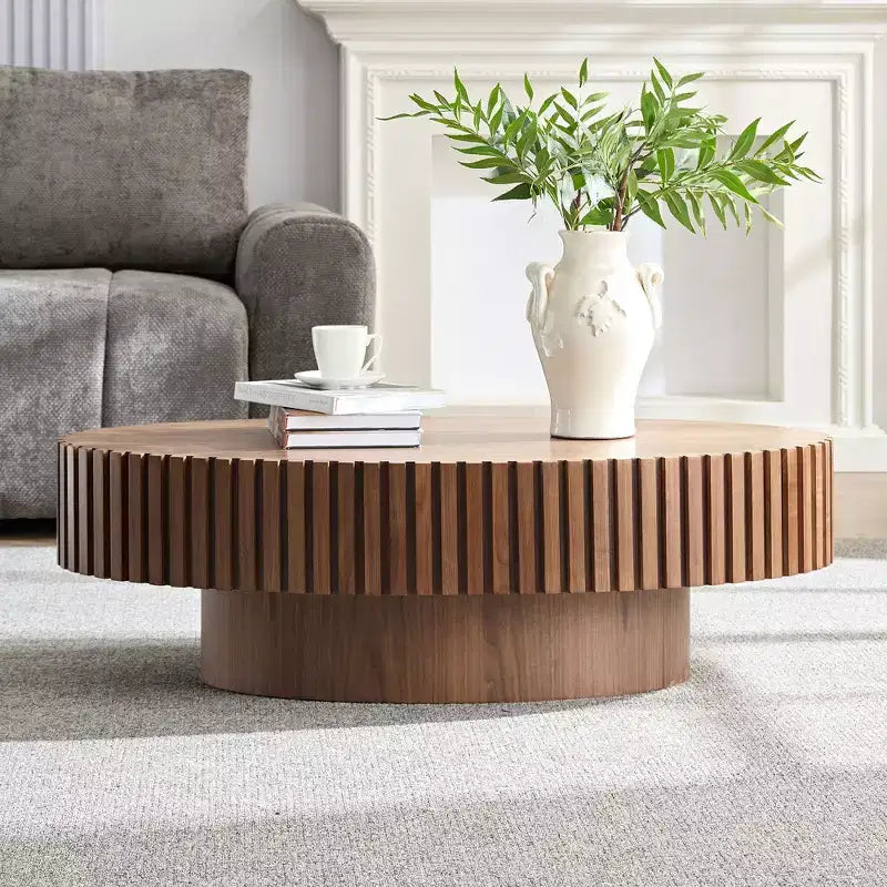 Table basse tambour ovale, table centrale moderne sur pied pour salon, Noyer