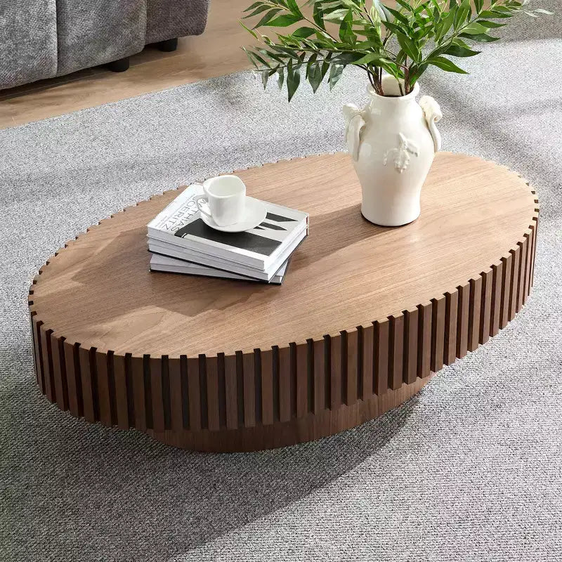Table basse tambour ovale, table centrale moderne sur pied pour salon, Noyer