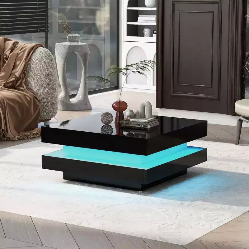 Table basse LED laquée, table basse carrée à 2 niveaux pour salon, noire