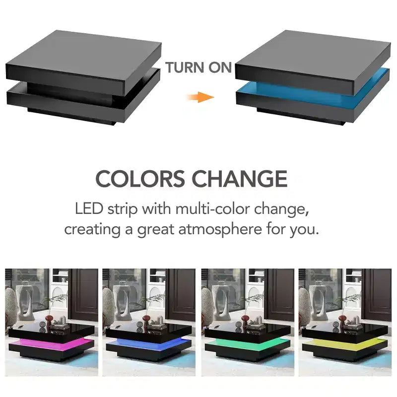 Table basse LED laquée, table basse carrée à 2 niveaux pour salon, noire