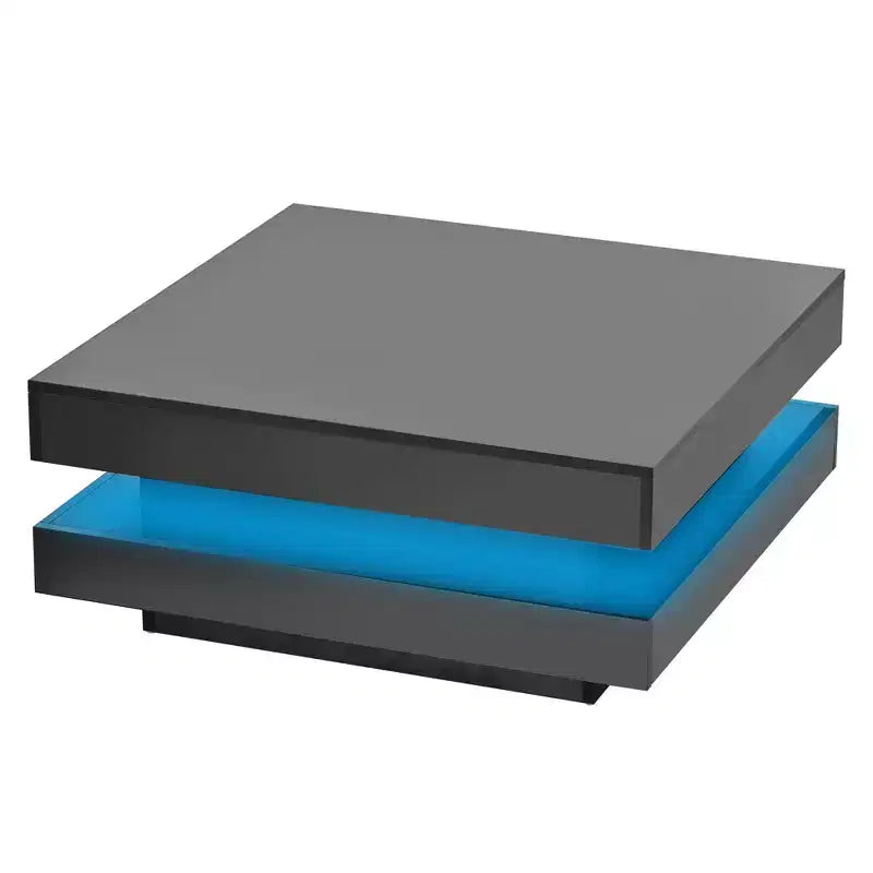 Table basse LED laquée, table basse carrée à 2 niveaux pour salon, noire