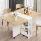 Table de salle à manger pliante sur roulettes avec 2 étagères de rangement et plateau à abattants, 6 roulettes verrouillables, veinure de bois clair