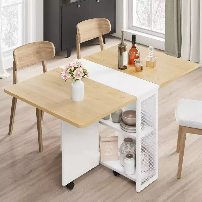 Table de salle à manger pliante sur roulettes avec 2 étagères de rangement et plateau à abattants, 6 roulettes verrouillables, veinure de bois clair