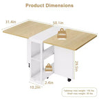 Table de salle à manger pliante sur roulettes avec 2 étagères de rangement et plateau à abattants, 6 roulettes verrouillables, veinure de bois clair