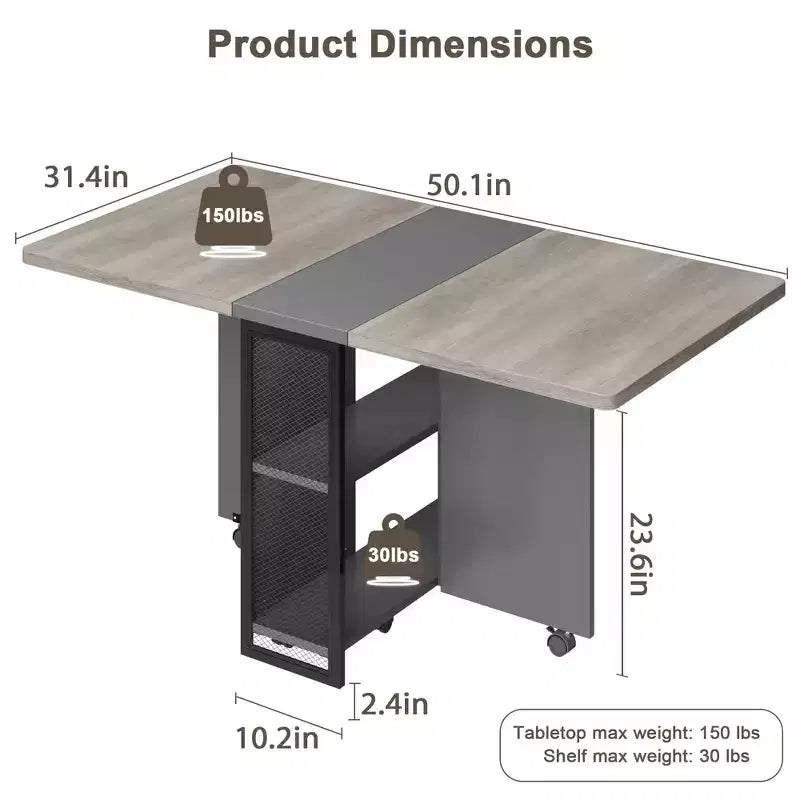 Table de salle à manger pliante sur roulettes avec 2 étagères de rangement et plateau à abattants, 6 roulettes verrouillables, veinure de bois clair
