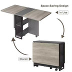 Table de salle à manger pliante sur roulettes avec 2 étagères de rangement et plateau à abattants, 6 roulettes verrouillables, veinure de bois clair