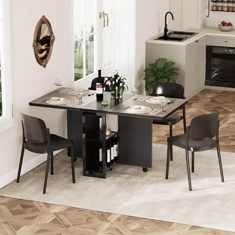 Table de salle à manger pliante sur roulettes avec 2 étagères de rangement et plateau à abattants, 6 roulettes verrouillables, veinure de bois clair