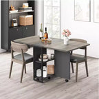 Folding Dining Table on Wheels with 2 Storage Shelves and Drop Leaf Top, 6 Locking Casters, Light Wood Grain
