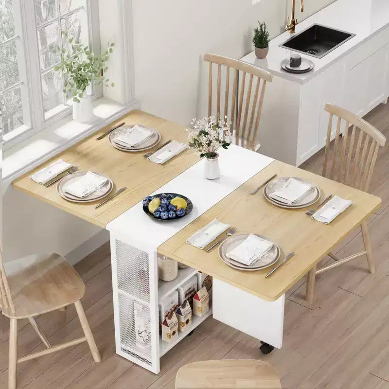 Table de salle à manger pliante sur roulettes avec 2 étagères de rangement et plateau à abattants, 6 roulettes verrouillables, veinure de bois clair