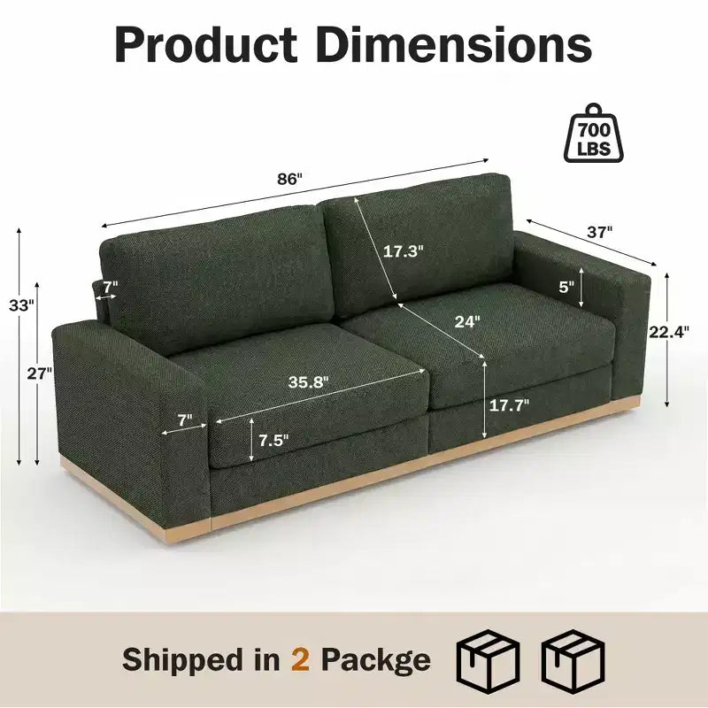 Canapé fixe Dyonery avec lattes en bois, tissu en coton, couleur grise, deux places, 88 pouces