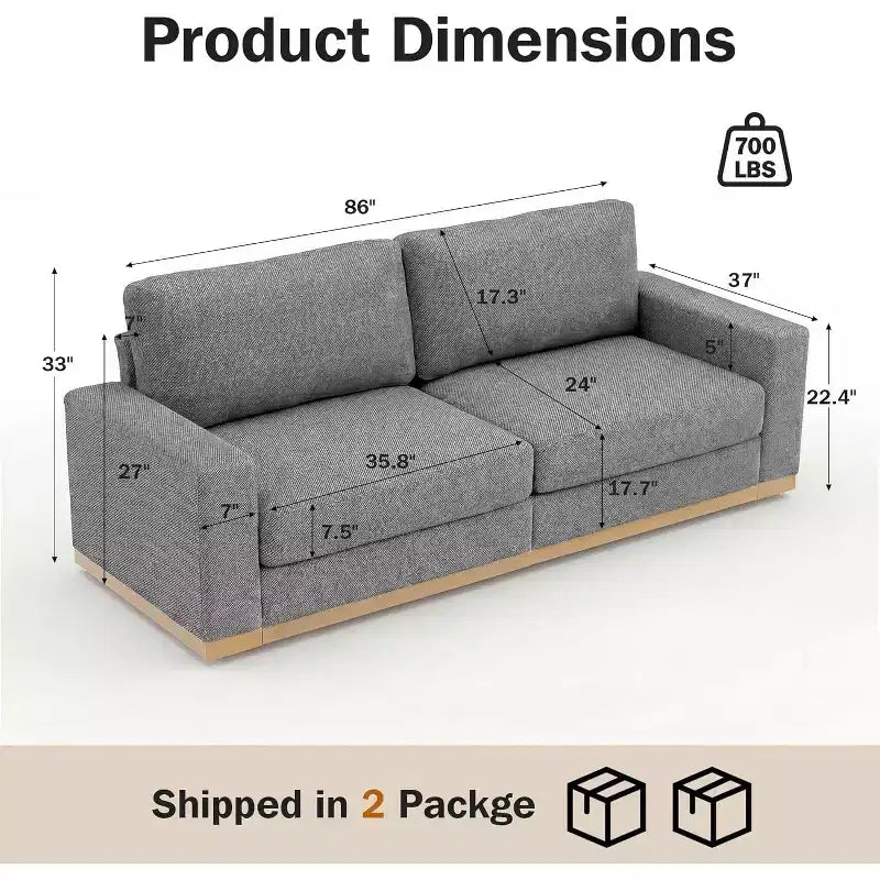 Canapé fixe Dyonery avec lattes en bois, tissu en coton, couleur grise, deux places, 88 pouces