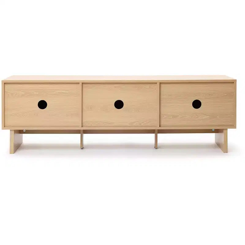 Meuble TV moderne LuxenHome 59" avec 3 portes, façade sculptée géométrique, bois clair, bois manufacturé marron