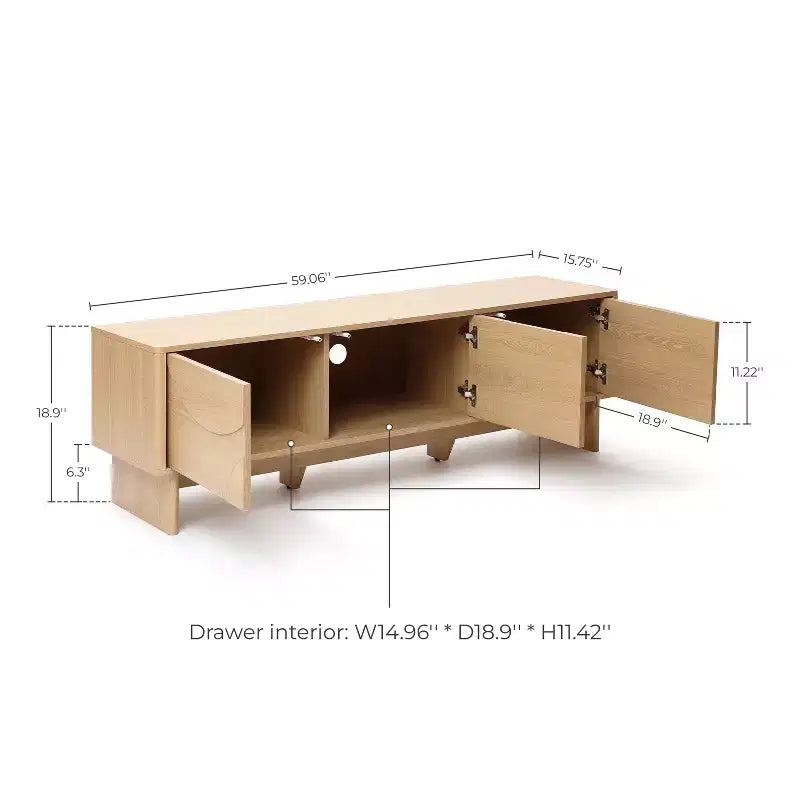 Meuble TV moderne LuxenHome 59" avec 3 portes, façade sculptée géométrique, bois clair, bois manufacturé marron
