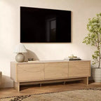 Meuble TV moderne LuxenHome 59" avec 3 portes, façade sculptée géométrique, bois clair, bois manufacturé marron