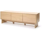 Meuble TV moderne LuxenHome 59" avec 3 portes, façade sculptée géométrique, bois clair, bois manufacturé marron