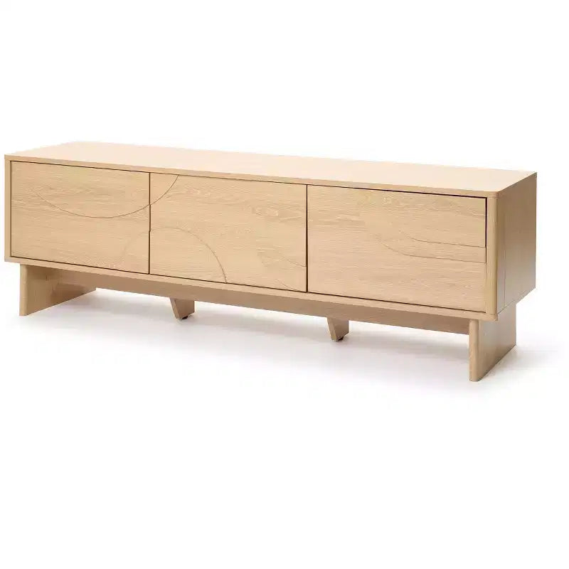 Meuble TV moderne LuxenHome 59" avec 3 portes, façade sculptée géométrique, bois clair, bois manufacturé marron