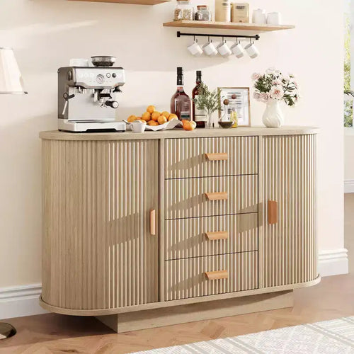 47 Fluted Sideboard Buffet Cabinet with 4 Drawers and 2 Sliding Doors, Coffee Bar Storage Cabinet for Dining Room - Natural Oak