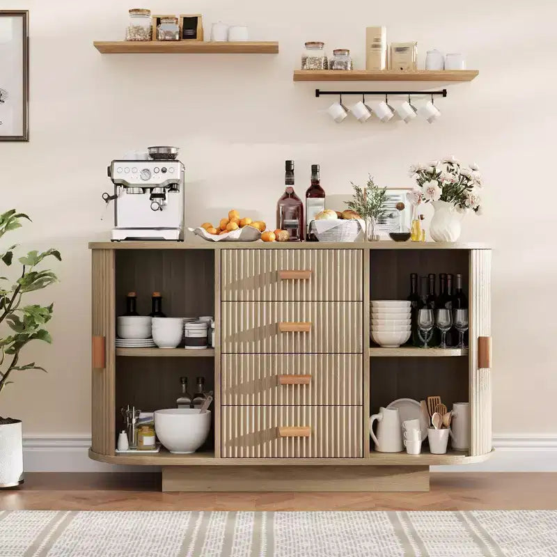 Buffet en chêne naturel à 4 tiroirs et 2 portes coulissantes, buffet de salle à manger, meuble de rangement de 47 po - Chêne naturel