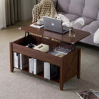 Table basse relevable avec compartiment de rangement caché et 3 étagères ouvertes, en bois rustique