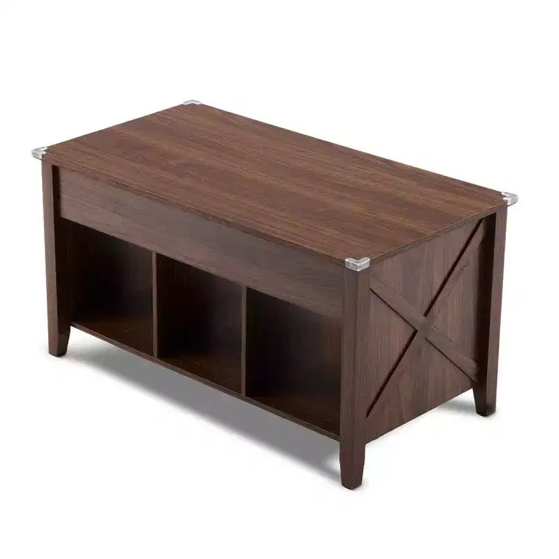 Table basse relevable avec compartiment de rangement caché et 3 étagères ouvertes, en bois rustique