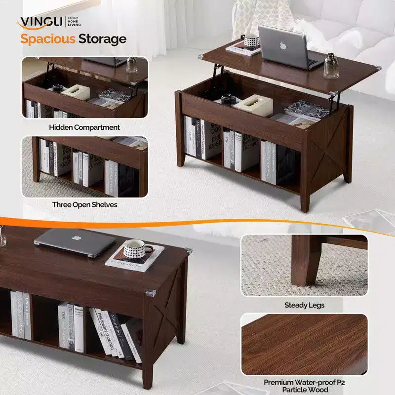 Table basse relevable avec compartiment de rangement caché et 3 étagères ouvertes, en bois rustique