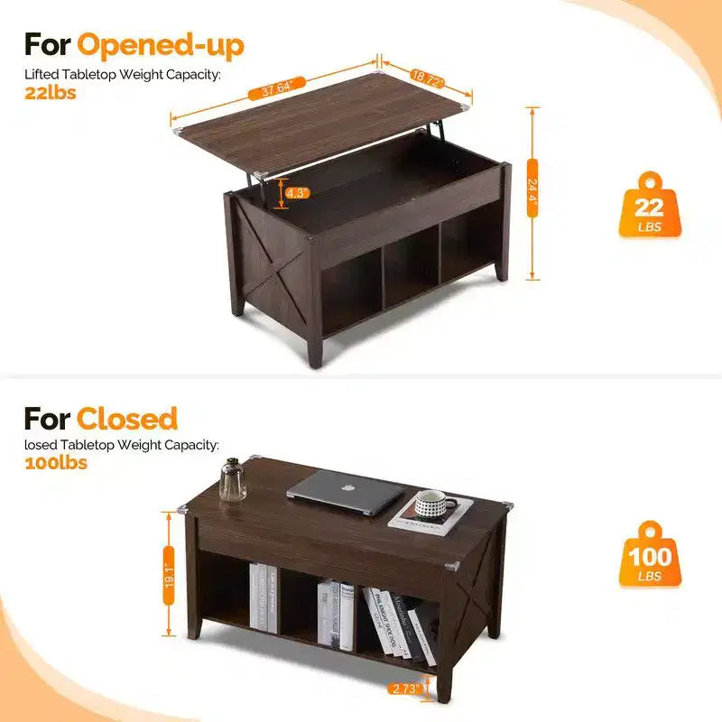 Table basse relevable avec compartiment de rangement caché et 3 étagères ouvertes, en bois rustique