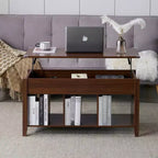 Table basse relevable avec compartiment de rangement caché et 3 étagères ouvertes, en bois rustique