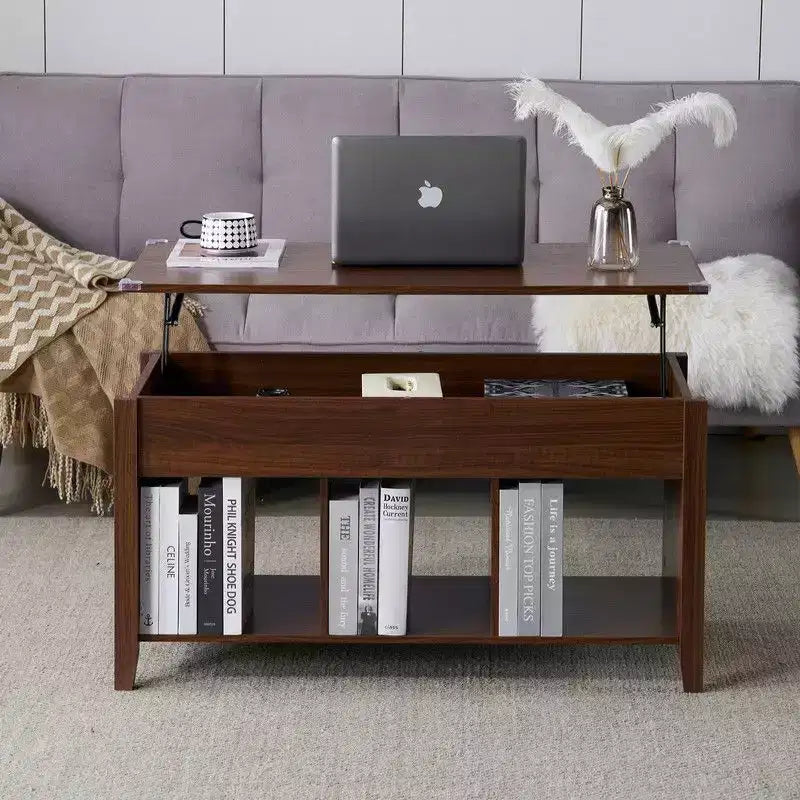 Table basse relevable avec compartiment de rangement caché et 3 étagères ouvertes, en bois rustique
