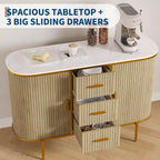 Buffet bahut de 120 cm avec portes coulissantes, meuble de rangement à panneaux ondulés avec plateau aspect marbre pour salle à manger - Chêne